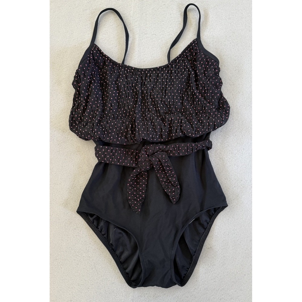 VTG Longitude Black Pink Polka Dot Swimsuit Blouson Tie Waist Retro Pinup Sz 12